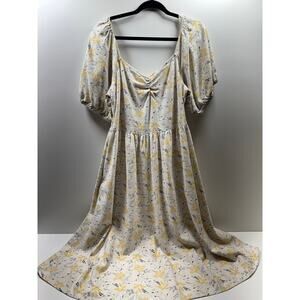 Cottage Core Women’s Midi Dress Sz Xl Yellow White Linen Blend Prairie Peasant